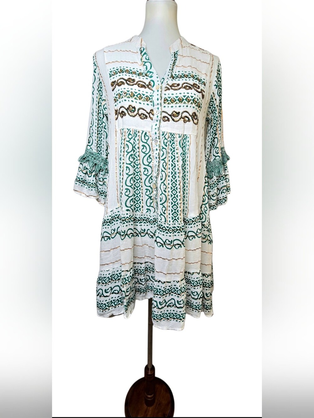 Zury Embellished Boho Tunic Dress Free Size White Green 100% Viscose India